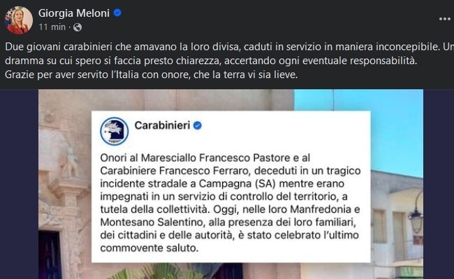 Carabinieri morti a Campagna, il messaggio della premier Meloni